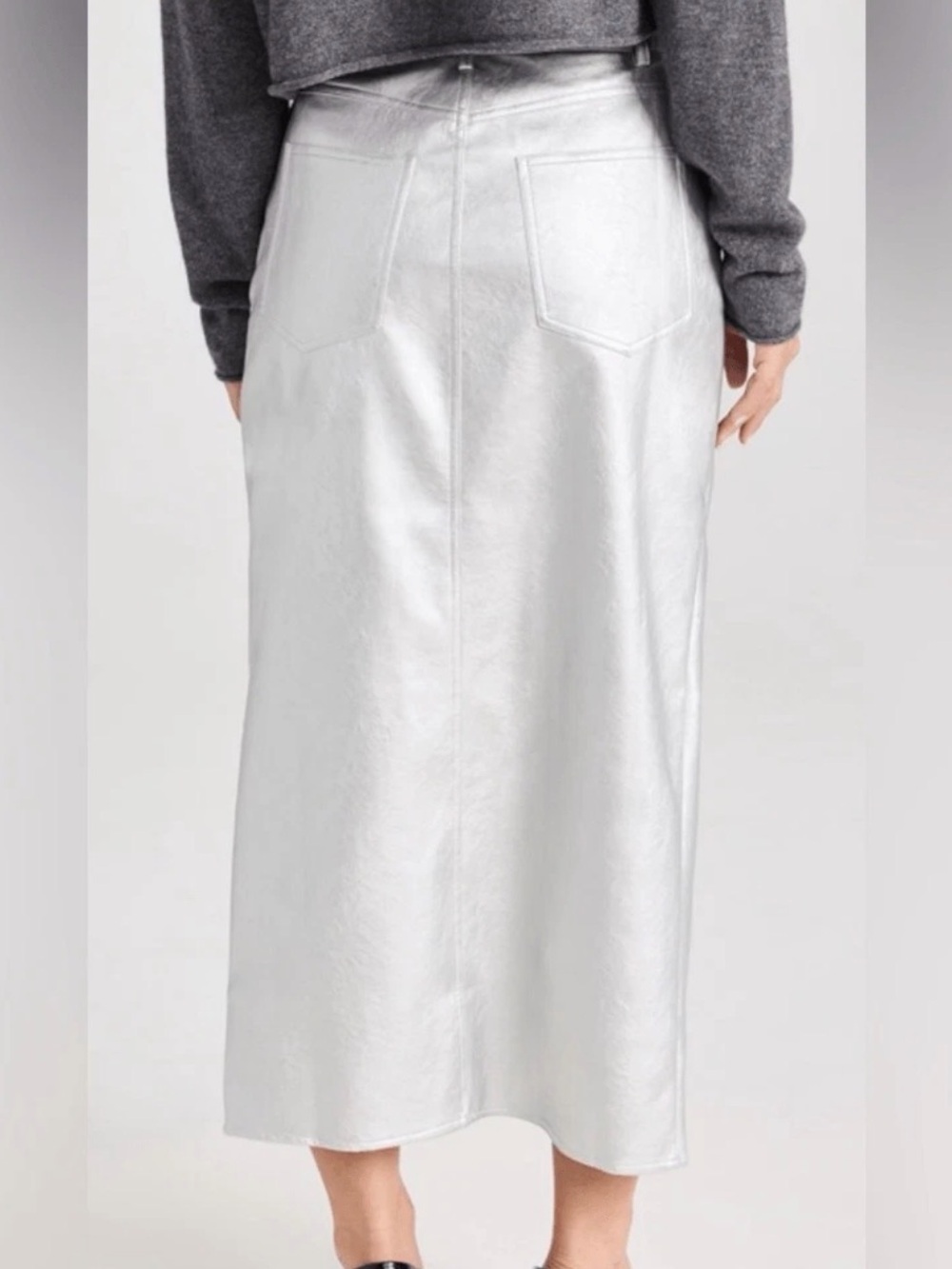 WAYF Metallic Silver Faux Leather Midi Skirt M NWT Coated Quiet Luxury Moto - Picture 4 of 15